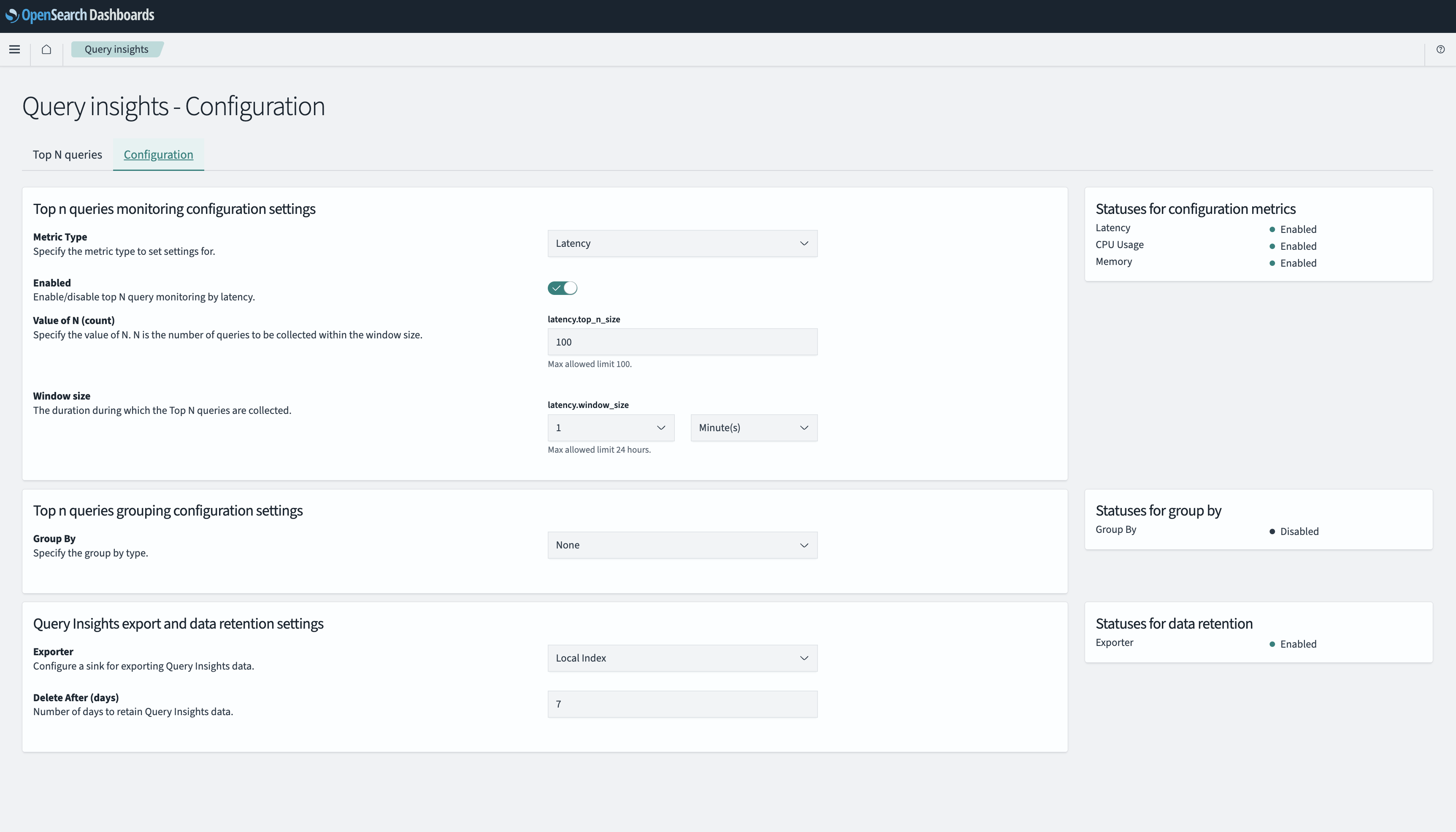 Query Insights Dashboards - Configuration Page