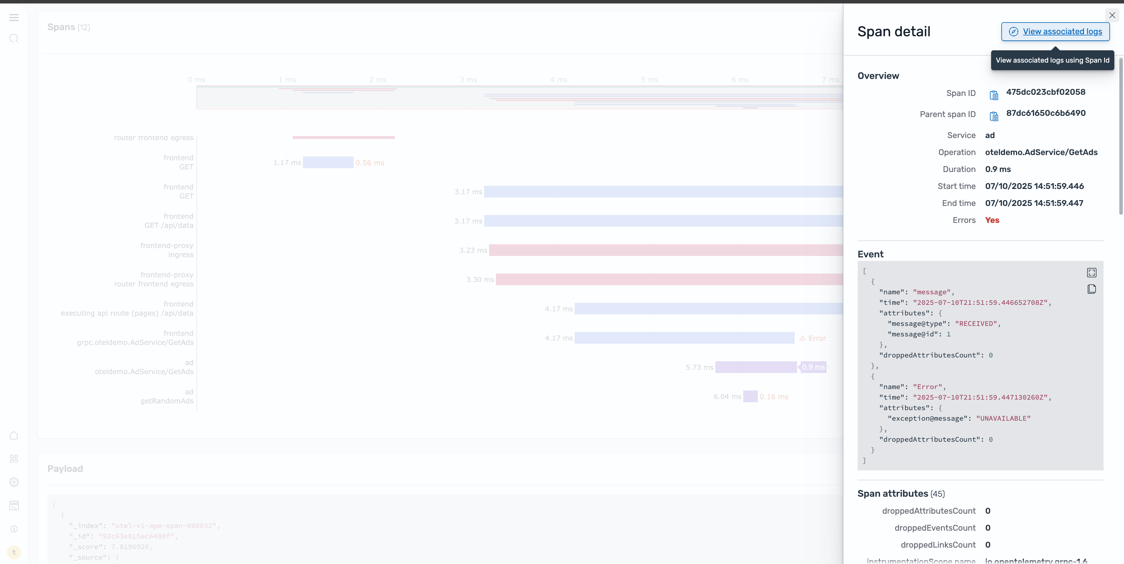 Jump to correlated logs from spans